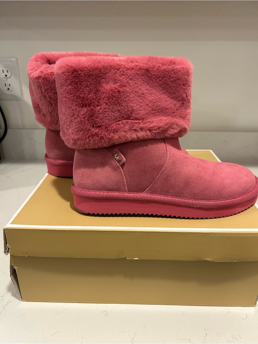 Michael Kors Rose Pink Faux-Fur Fold-Over Suede Boots